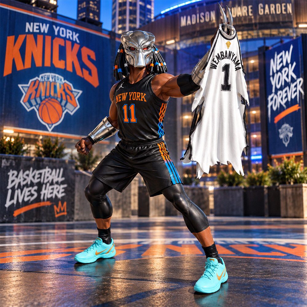 Knicks Jalen Brunson Predator Holding Victor Wembanyama Jersey Figure